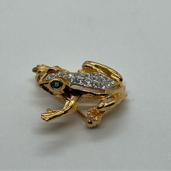 Vintage Jewelry - Vtg Green & White Rhinestone Gold Tone Metal Mini Frog Toad Brooch | .9” x .8”